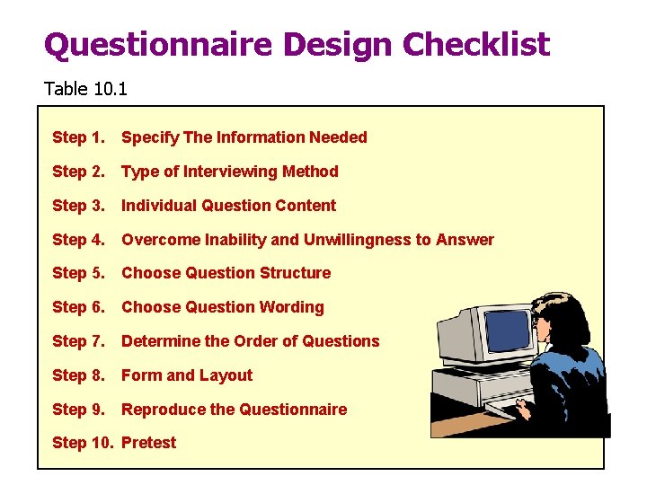 Questionnaire Design Checklist Table 10. 1 Step 1. Specify The Information Needed Step 2.