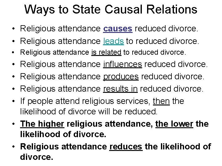 Ways to State Causal Relations • Religious attendance causes reduced divorce. • Religious attendance