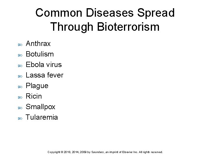 Common Diseases Spread Through Bioterrorism Anthrax Botulism Ebola virus Lassa fever Plague Ricin Smallpox
