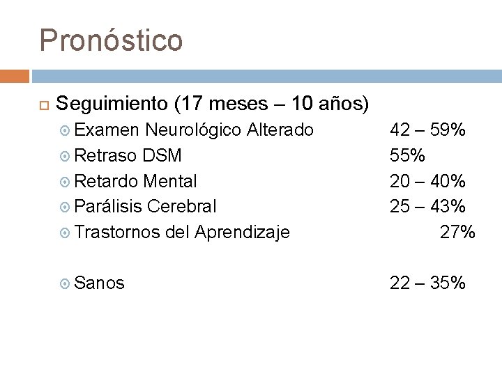 Pronóstico Seguimiento (17 meses – 10 años) Examen Neurológico Alterado Retraso DSM Retardo Mental