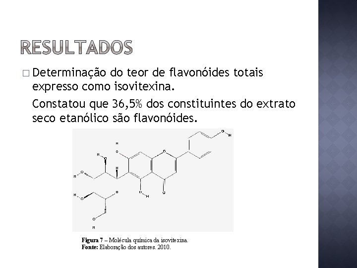 � Determinação do teor de flavonóides totais expresso como isovitexina. Constatou que 36, 5%