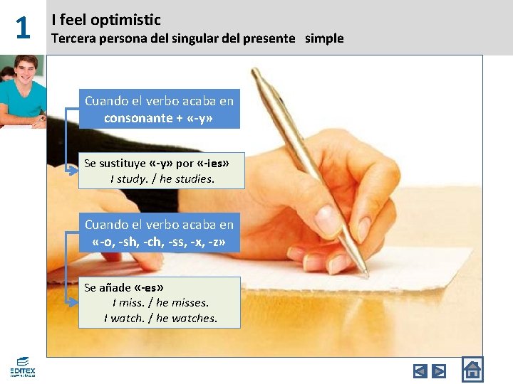 1 I feel optimistic Tercera persona del singular del presente simple Cuando el verbo