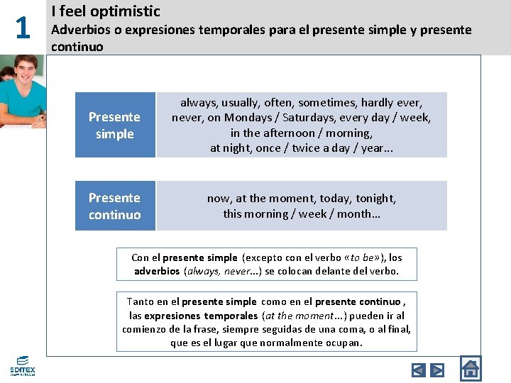 1 I feel optimistic Adverbios o expresiones temporales para el presente simple y presente