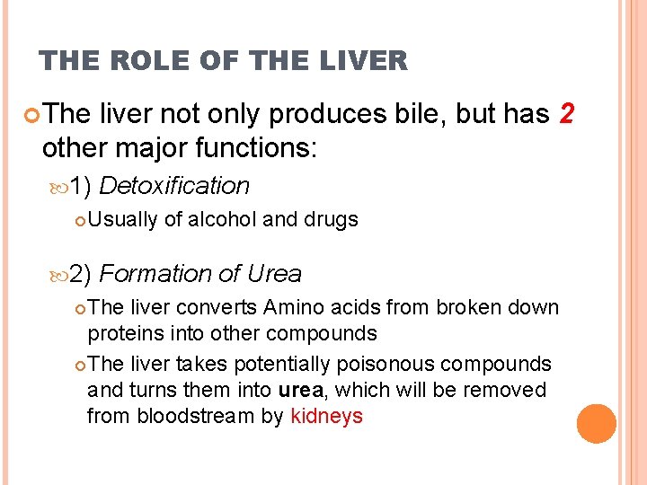 THE ROLE OF THE LIVER The liver not only produces bile, but has 2