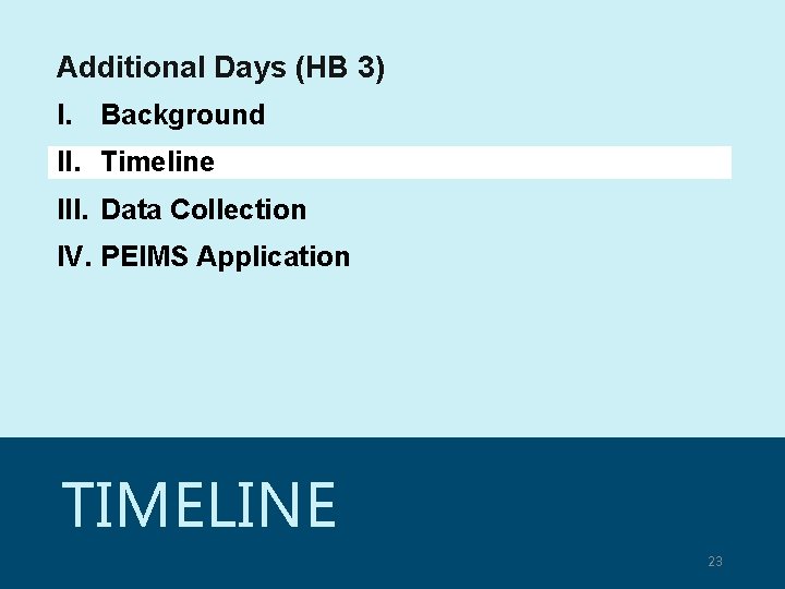 Additional Days (HB 3) I. Background II. Timeline III. Data Collection IV. PEIMS Application