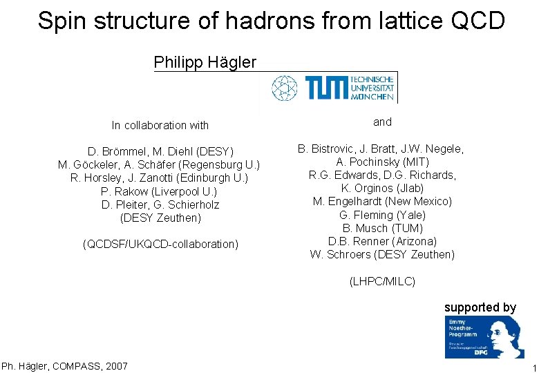 Spin structure of hadrons from lattice QCD Philipp Hägler In collaboration with and D.