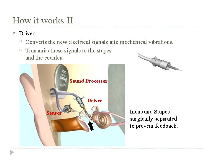 How it works II Driver Converts the new electrical signals into mechanical vibrations. Transmits