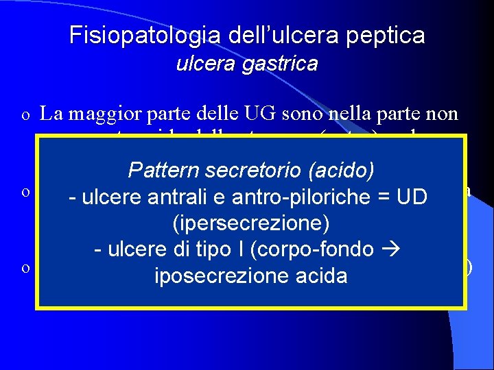 Fisiopatologia dell’ulcera peptica ulcera gastrica La maggior parte delle UG sono nella parte non