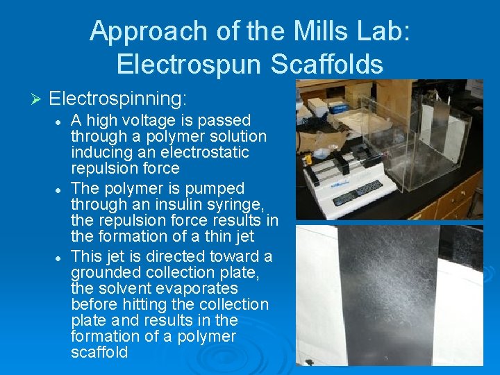 Approach of the Mills Lab: Electrospun Scaffolds Ø Electrospinning: l l l A high