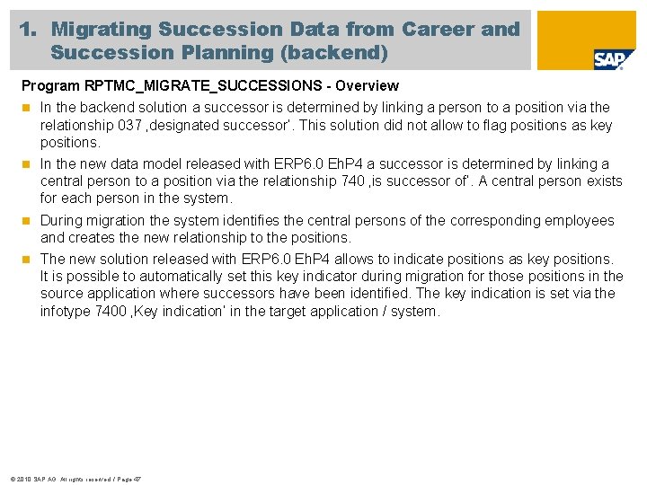 1. Migrating Succession Data from Career and Succession Planning (backend) Program RPTMC_MIGRATE_SUCCESSIONS - Overview