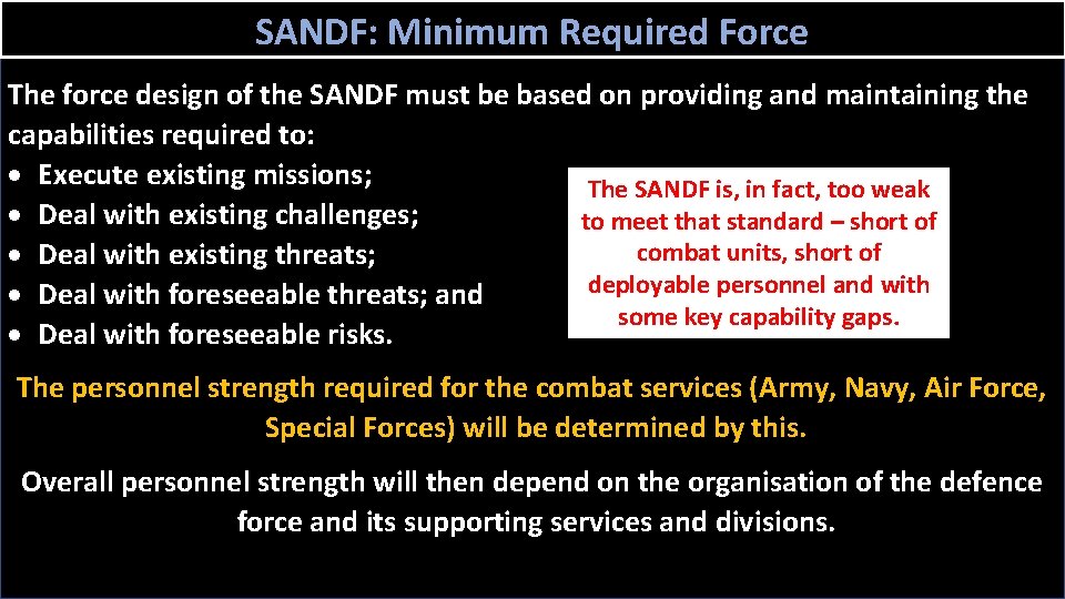 SANDF: Minimum Required Force The force design of the SANDF must be based on