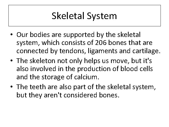 Skeletal System • Our bodies are supported by the skeletal system, which consists of