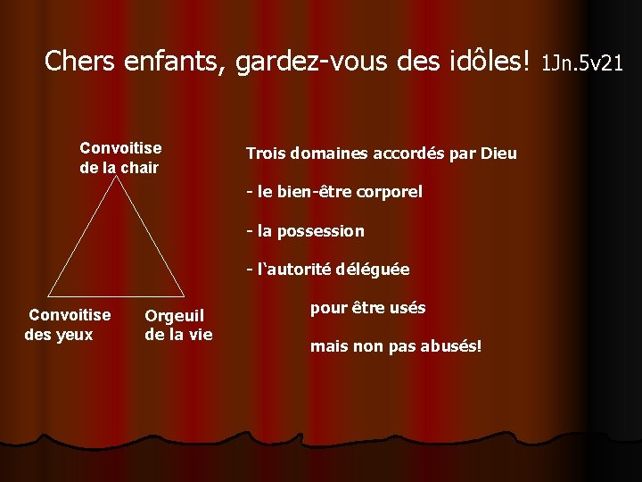 Chers enfants, gardez-vous des idôles! 1 Jn. 5 v 21 Convoitise de la chair Chers enfants, gardez-vous des idôles! 1 Jn. 5 v 21 Convoitise de la chair