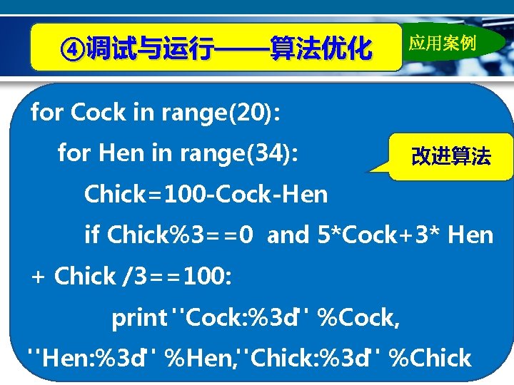 ④调试与运行——算法优化 应用案例 for Cock in range(20): for Hen in range(34): 改进算法 Chick=100 -Cock-Hen if