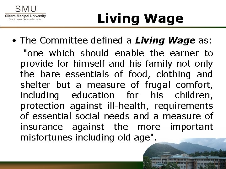 Living Wage • The Committee defined a Living Wage as: "one which should enable