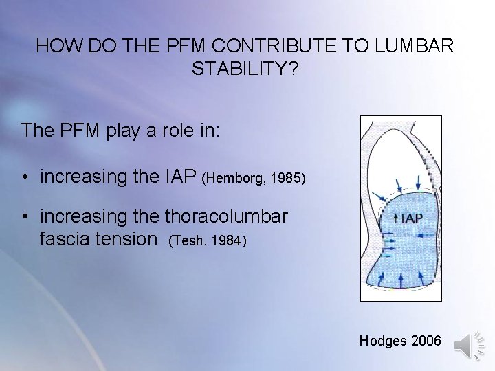 HOW DO THE PFM CONTRIBUTE TO LUMBAR STABILITY? The PFM play a role in: HOW DO THE PFM CONTRIBUTE TO LUMBAR STABILITY? The PFM play a role in: