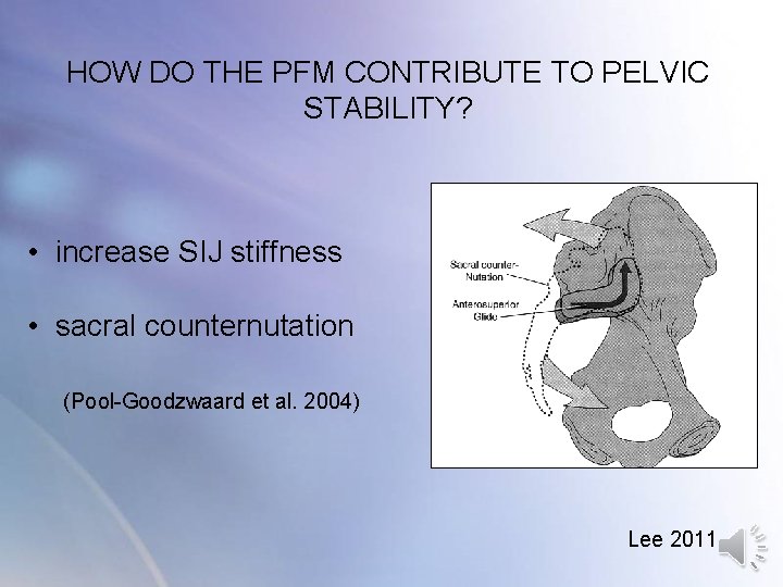 HOW DO THE PFM CONTRIBUTE TO PELVIC STABILITY? • increase SIJ stiffness • sacral HOW DO THE PFM CONTRIBUTE TO PELVIC STABILITY? • increase SIJ stiffness • sacral