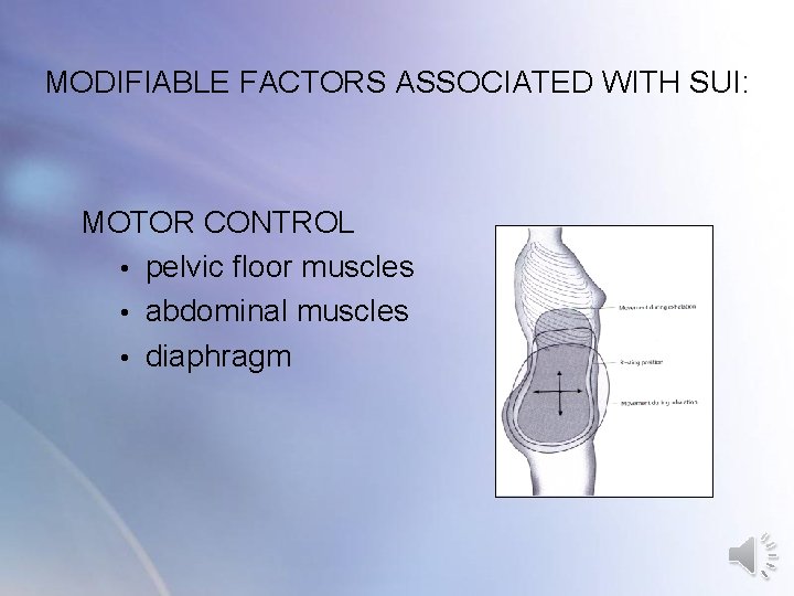 MODIFIABLE FACTORS ASSOCIATED WITH SUI: MOTOR CONTROL • pelvic floor muscles • abdominal muscles MODIFIABLE FACTORS ASSOCIATED WITH SUI: MOTOR CONTROL • pelvic floor muscles • abdominal muscles