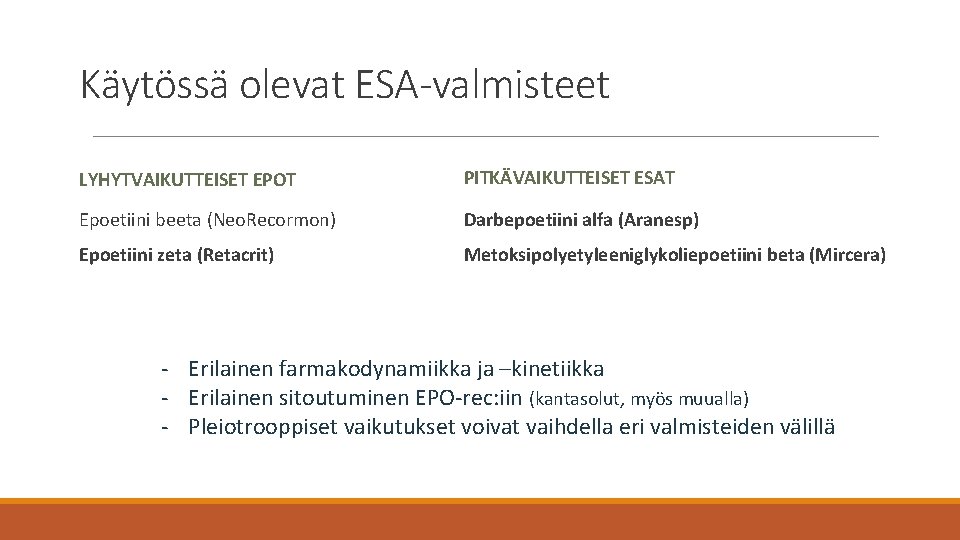 Käytössä olevat ESA-valmisteet LYHYTVAIKUTTEISET EPOT PITKÄVAIKUTTEISET ESAT Epoetiini beeta (Neo. Recormon) Darbepoetiini alfa (Aranesp)