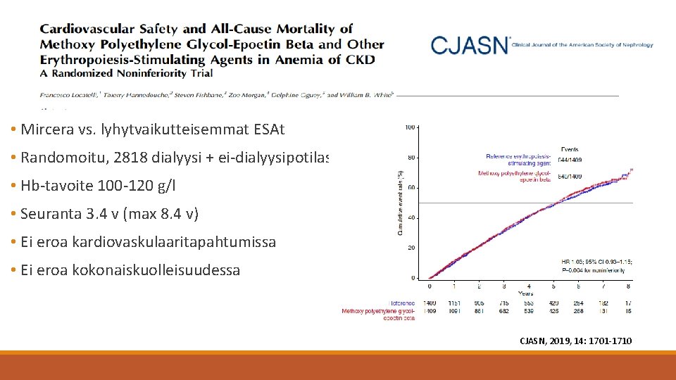  • Mircera vs. lyhytvaikutteisemmat ESAt • Randomoitu, 2818 dialyysi + ei-dialyysipotilasta • Hb-tavoite