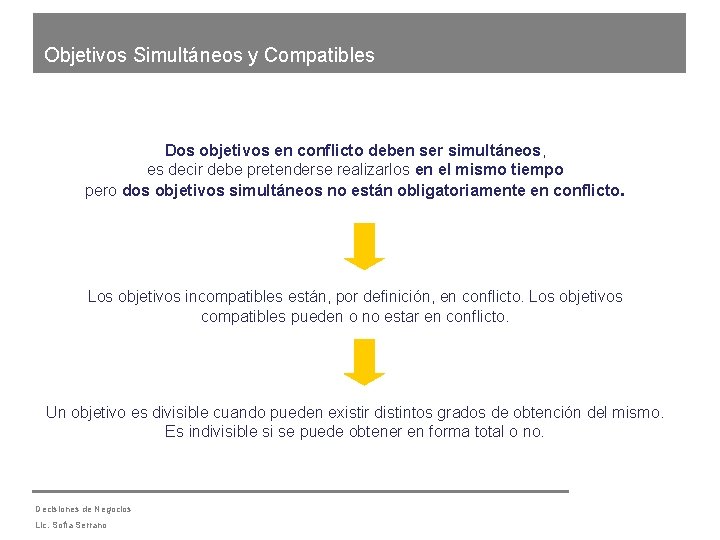 Objetivos Simultáneos y Compatibles Dos objetivos en conflicto deben ser simultáneos, es decir debe