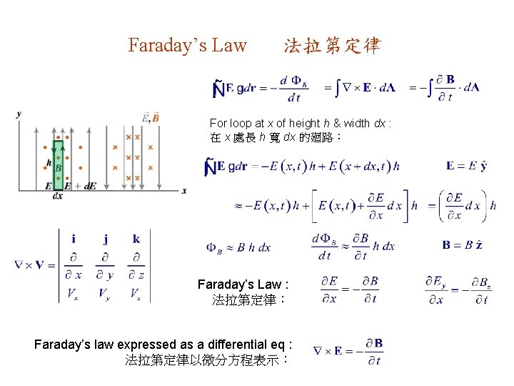 Faraday’s Law 法拉第定律 For loop at x of height h & width dx :