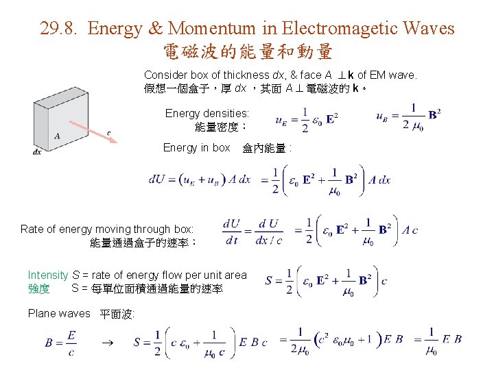 29. 8. Energy & Momentum in Electromagetic Waves 電磁波的能量和動量 Consider box of thickness dx,