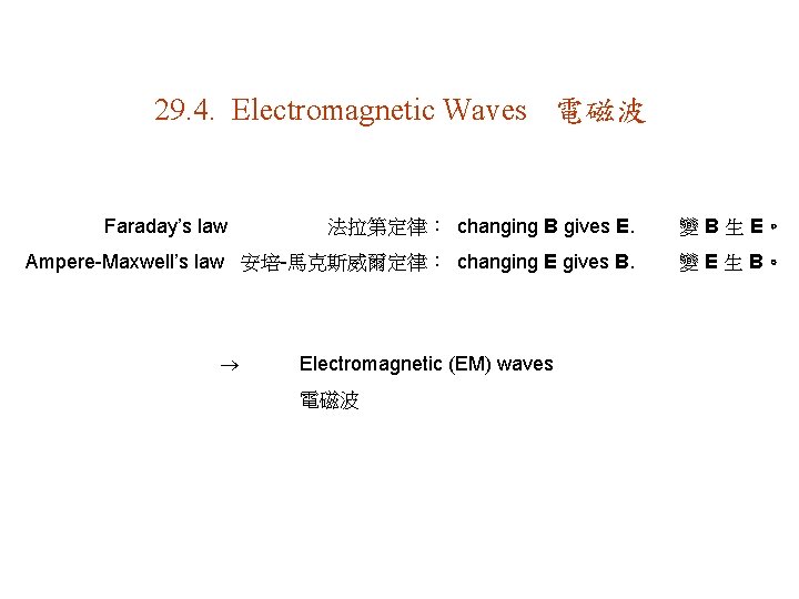 29. 4. Electromagnetic Waves 電磁波 Faraday’s law 法拉第定律： changing B gives E. 變 B