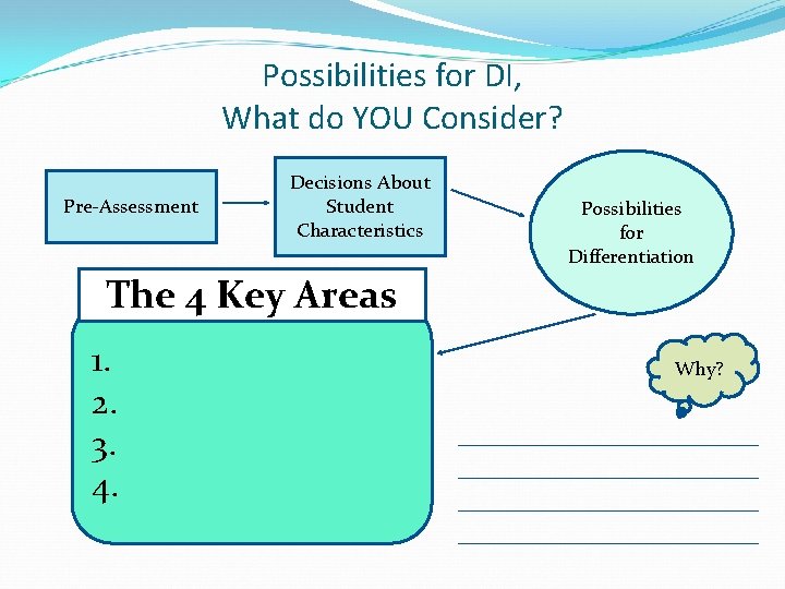 Possibilities for DI, What do YOU Consider? Pre-Assessment Decisions About Student Characteristics Possibilities for Possibilities for DI, What do YOU Consider? Pre-Assessment Decisions About Student Characteristics Possibilities for
