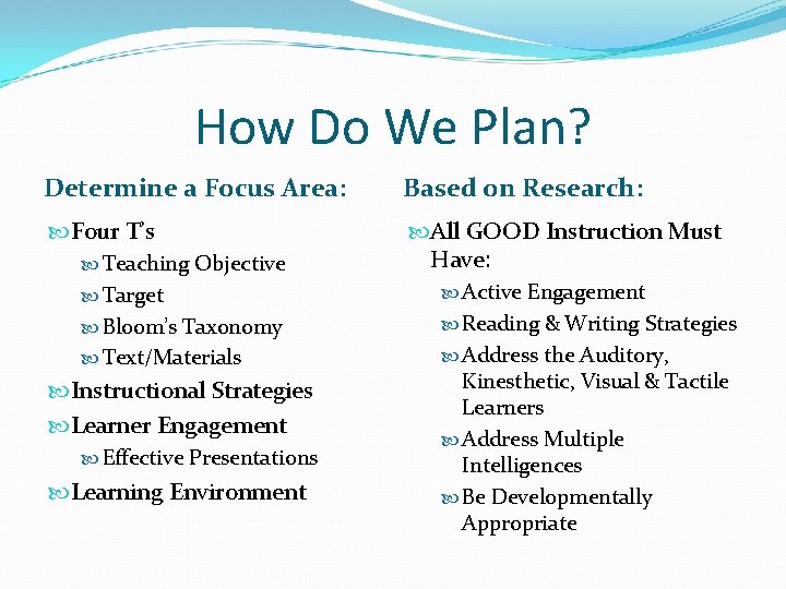 How Do We Plan? Determine a Focus Area: Based on Research: Four T’s All