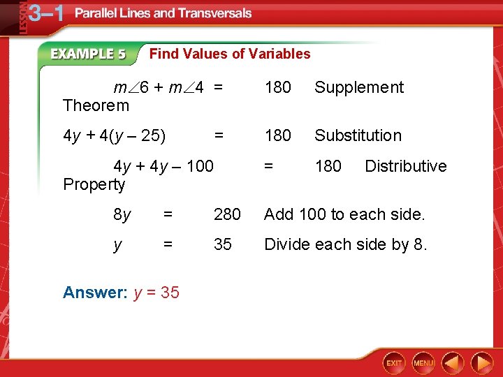 Find Values of Variables m 6 + m 4 = Theorem 180 Supplement 4