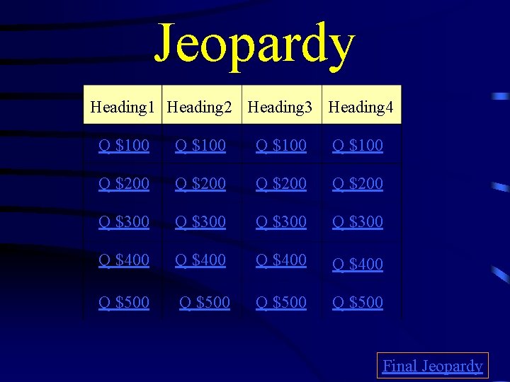 Jeopardy Heading 1 Heading 2 Heading 3 Heading 4 Q $100 Q $200 Q