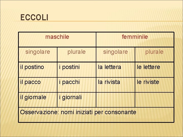 ECCOLI maschile singolare plurale femminile singolare plurale il postino i postini la lettera le