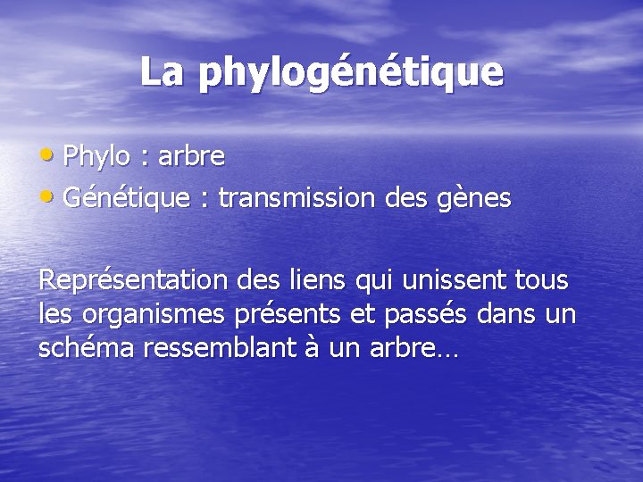 La phylogénétique • Phylo : arbre • Génétique : transmission des gènes Représentation des