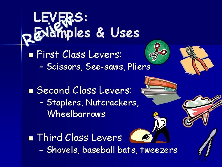 LEVERS: w e i Examples & Uses v e R n First Class Levers: