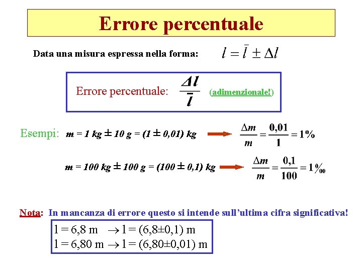 Errore percentuale Data una misura espressa nella forma: Errore percentuale: (adimenzionale!) Esempi: m =
