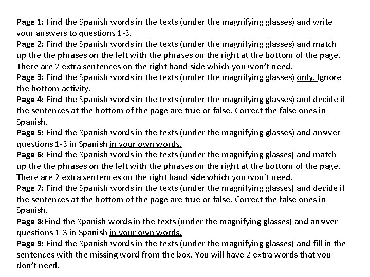 Page 1: Find the Spanish words in the texts (under the magnifying glasses) and