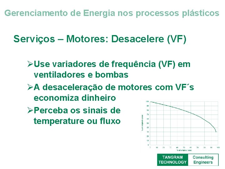 Gerenciamento de Energia nos processos plásticos Serviços – Motores: Desacelere (VF) ØUse variadores de