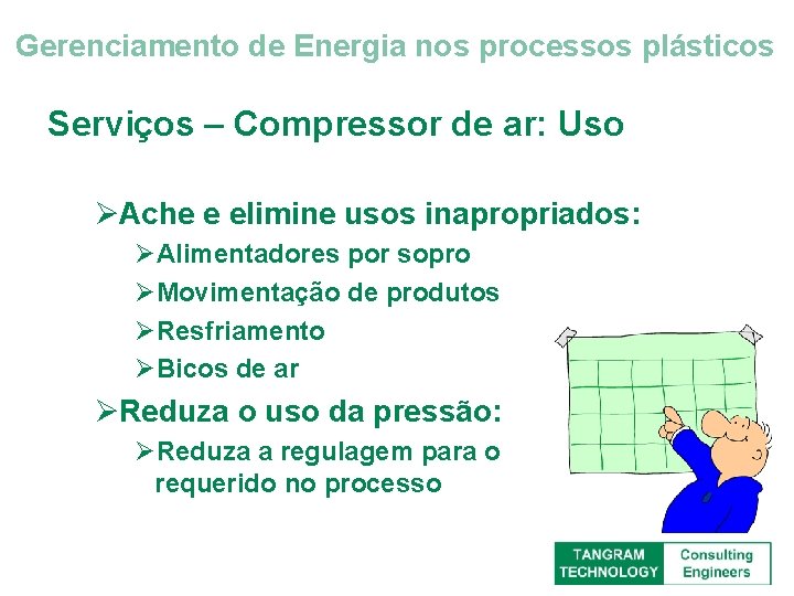 Gerenciamento de Energia nos processos plásticos Serviços – Compressor de ar: Uso ØAche e