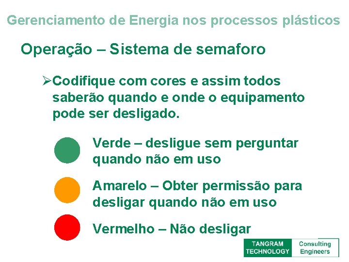 Gerenciamento de Energia nos processos plásticos Operação – Sistema de semaforo ØCodifique com cores