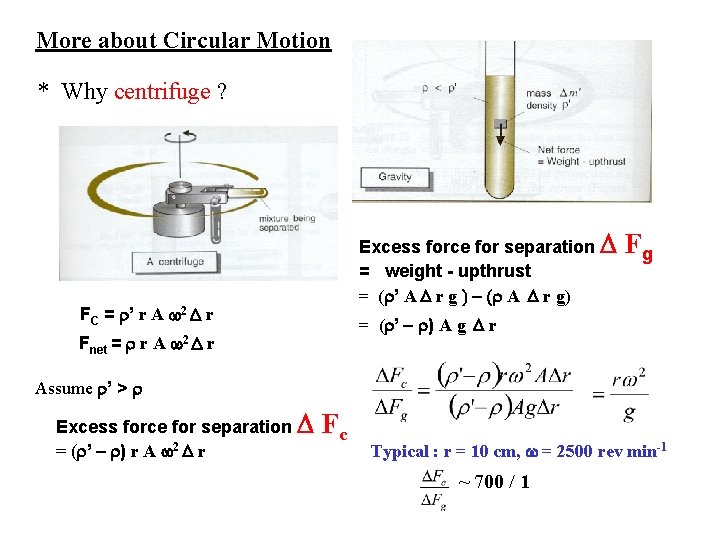 More about Circular Motion * Why centrifuge ? Excess force for separation = weight