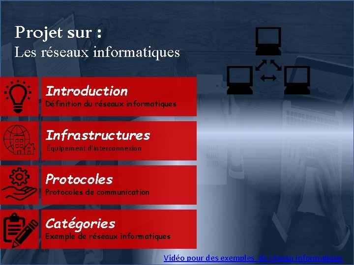 Projet sur : Les réseaux informatiques Introduction Définition du réseaux informatiques Infrastructures Équipement d'interconnexion