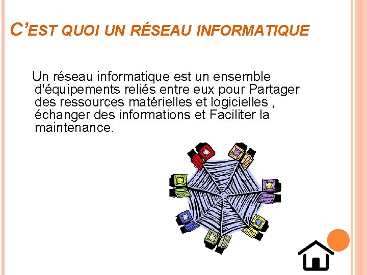 C’EST QUOI UN RÉSEAU INFORMATIQUE Un réseau informatique est un ensemble d'équipements reliés entre