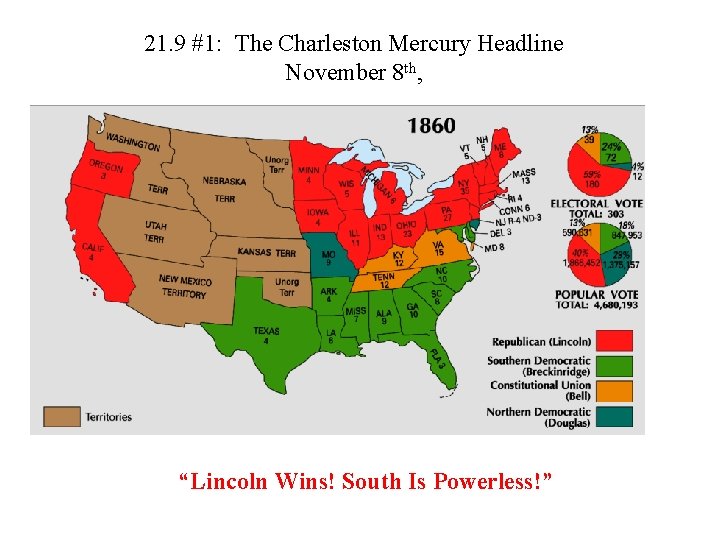 21. 9 #1: The Charleston Mercury Headline November 8 th, “Lincoln Wins! South Is