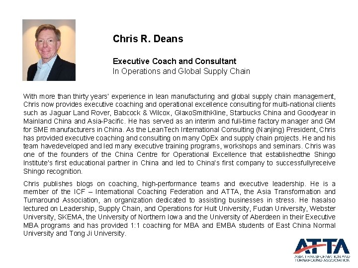 Chris R. Deans Executive Coach and Consultant In Operations and Global Supply Chain With
