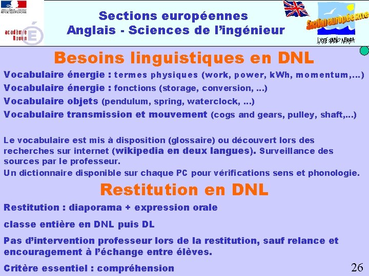 Sections européennes Anglais - Sciences de l’ingénieur Besoins linguistiques en DNL Vocabulaire énergie :