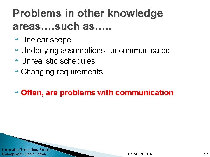 Problems in other knowledge areas…. such as…. . Unclear scope Underlying assumptions--uncommunicated Unrealistic schedules