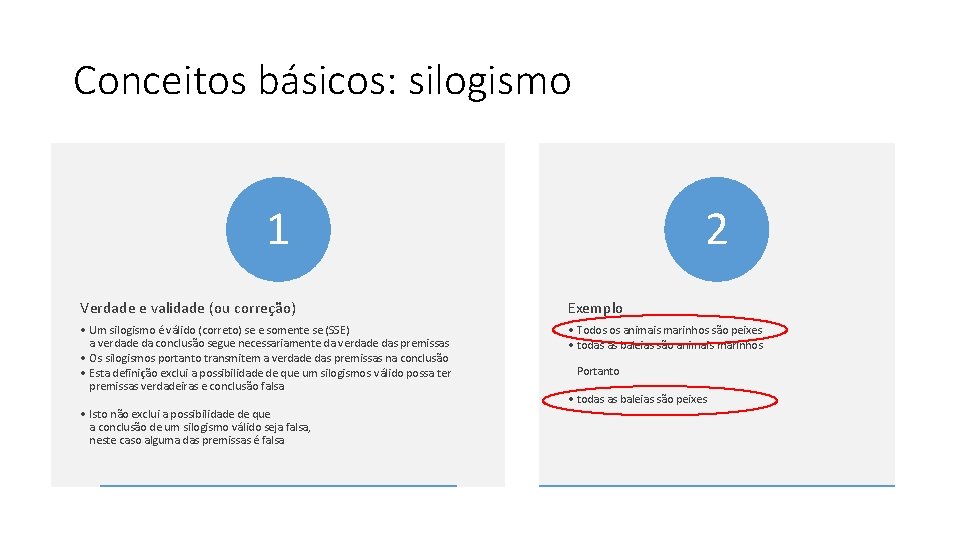 Conceitos básicos: silogismo 1 2 Verdade e validade (ou correção) Exemplo • Um silogismo