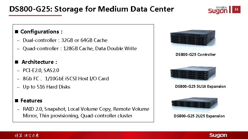 DS 800 -G 25: Storage for Medium Data Center 11 n Configurations： - Dual-controller：