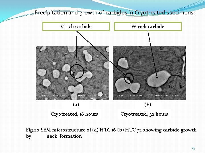 Precipitation and growth of carbides in Cryotreated specimens: V rich carbide W rich carbide
